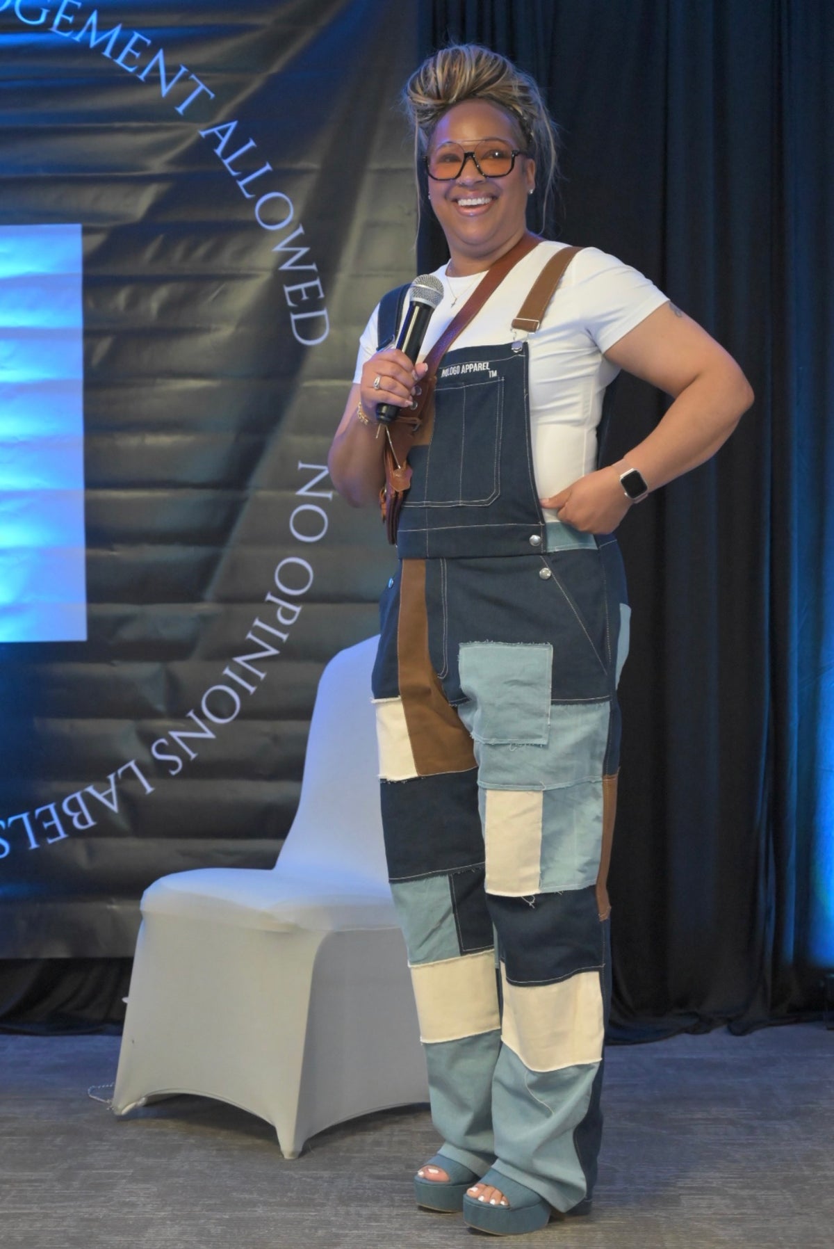 Denim patchwork overalls