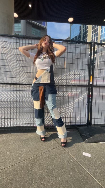 Denim patchwork overalls