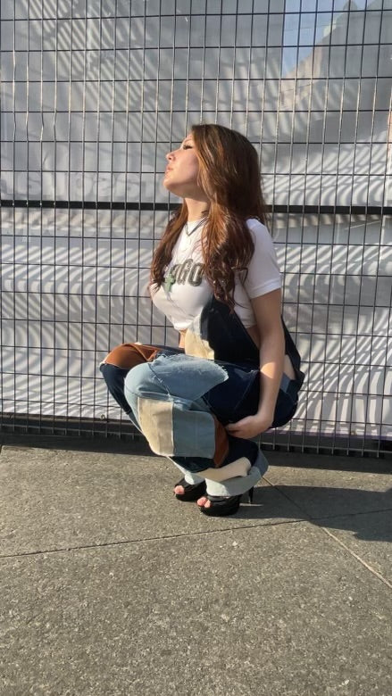 Denim patchwork overalls